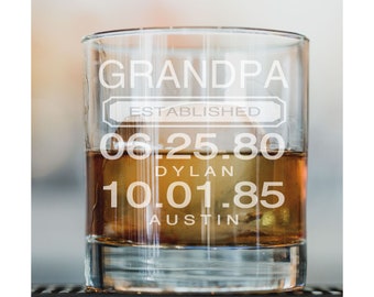 Fathers Day Personalized Grandpa Whiskey Glass, Established Date, Birthday Gift