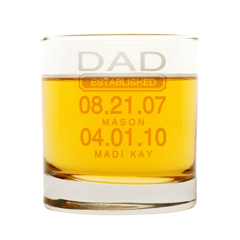 May include: A clear glass tumbler with the text "DAD ESTABLISHED 08.21.07 MASON 04.01.10 MADI KAY" etched on the side.
