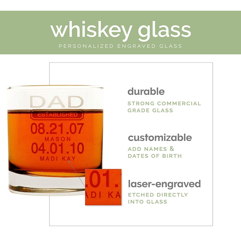 May include: A clear glass whiskey tumbler with a laser-engraved design. The engraving reads "DAD ESTABLISHED 08.21.07 MASON 04.01.10 MADI KAY".