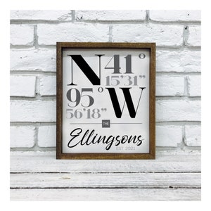 GPS Coordinates Sign | Custom Last Name & Home Coordinates | Longitude Latitude Sign | Housewarming Gift | Wood Framed Decor