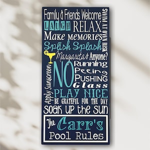 May include: A rectangular dark blue sign featuring white and light blue text that reads Family & Friends Welcome, LAUGH, RELAX, Make memories, Splish Splash, Margaritas Anyone?, NO, RUNNING, Peeing, PUSHING, GLASS, PLAY NICE, BE GRATEFUL FOR THE DAY, SOAK UP THE SUN, The Carr's Pool Rules, and Apply Sunscreen, with a yellow margarita glass icon.