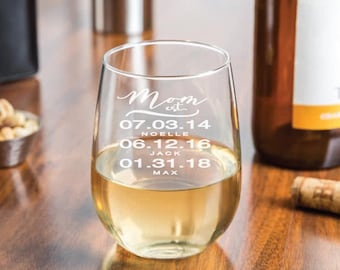 Personalized Mom Birthdate Stemless Wine Glass, Mother's Day Gift