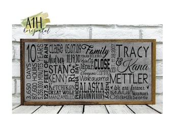 Anniversary Gift, Tin Anniversary Gift, 10 Year Anniversary Gift for him,  Personalize Family Name Sign, Metal Wall Art, Wood Sign