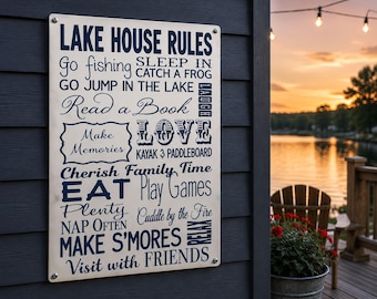 Personalized Lake House Rules Wood and Metal Sign, Outdoor Patio Decor