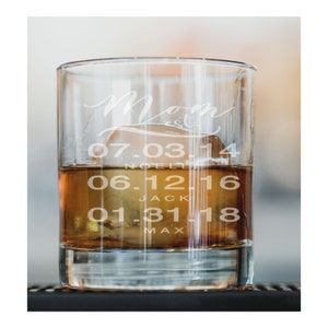 May include: A clear glass with a brown liquid and ice inside. The glass is engraved with the word "Mom" and dates: 07-03-14, 06-12-16, 01-31-18.