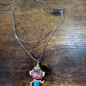 Articulated Elf Gnome Pendant Necklace, Mid Century Faux Turquoise Coral Jelly Belly Charm