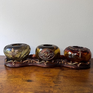 Vintage Hollywood Regency Votive Trio – Amber Ruby Glass, Gilt Filigree MCM Decor