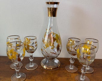 Vintage Hungarian Blown Glass Decanter Set – 7 Pieces – Hand-Painted Yellow Flowers & Gold Trim