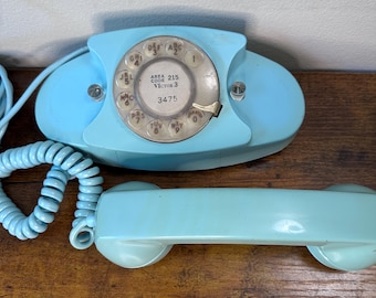 Vintage Aqua Blue Princess Rotary Phone Bell System Western Electric Model 702B 1960s Mid Century Decor