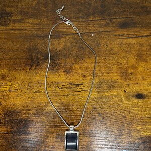Vintage Silver Tone Rectangular Black Stone Pendant Necklace - Snake Chain - 16