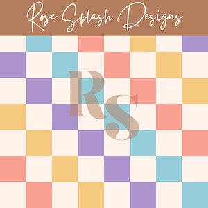 Könnte beinhalten: Ein farbenfrohes Schachbrettmuster mit Quadraten in Pastelltönen von Rosa, Gelb, Blau und Lila, mit eingestreuten weißen Quadraten. Der Text "Rose Splash Designs" steht oben, und die Buchstaben "RS" befinden sich in der Mitte.