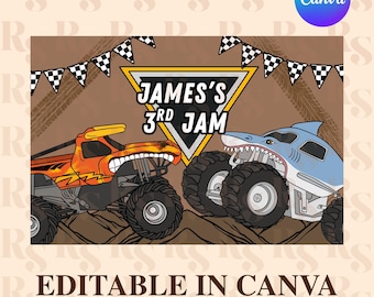 Personalized Monster Truck Birthday Banner, Racing Party Backdrop, Big Wheels Decor, Digital Item