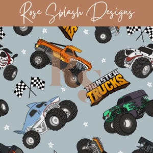 Patrón de repetición sin costuras de Monster Trucks, archivo sin costuras para niños para sublimación de tela, uso comercial