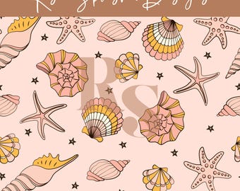 Seashell Starfish Seamless Pattern File, Beach Summer Fabric Print (14x14 inches)