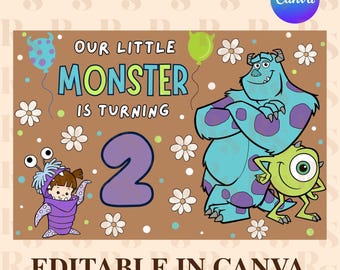 May include: A rectangular birthday sign on a brown background featuring the text OUR LITTLE MONSTER IS TURNING 2. The design includes illustrations of a blue and purple furry monster, a small green one-eyed monster, and a child in a purple costume.