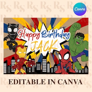 Peut inclure: Une bannière d'anniversaire rectangulaire avec un fond de style bande dessinée et une silhouette de ville. Le texte indique Happy Birthday JACK. Les personnages incluent Black Panther, Iron Man, Spider-Man et Hulk en action.