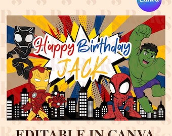 Superhero Birthday Banner Template, Editable Canva Template, Digital Download
