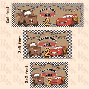 May include: Three rectangular banners featuring a brown tow truck and a red race car. The text reads KA-CHOW! Jack is 2. The designs include black and white checkered borders, tan backgrounds, and pennant flags. Sizes shown are 2x6 feet, 3x5 feet, and 3x2 feet.