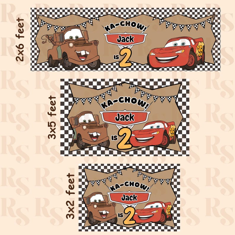 May include: Three rectangular banners featuring a brown tow truck and a red race car. The text reads KA-CHOW! Jack is 2. The designs include black and white checkered borders, tan backgrounds, and pennant flags. Sizes shown are 2x6 feet, 3x5 feet, and 3x2 feet.