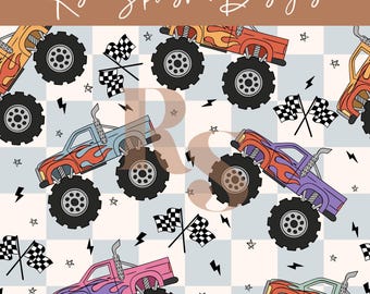 Monster Trucks seamless repeat pattern, Boys seamless file for fabric sublimation, commercial use