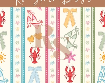 Preppy Summer seamless repeat pattern, Vintage Lacy Stripes, crab, ribbon, floral, boho sun, seashell and swimsuit, commercial use