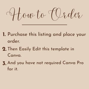 K&ouml;nnte beinhalten: Eine beige Infografik mit dunkelbraunem Text unter der &Uuml;berschrift How to Order. Sie listet drei Schritte auf: 1. Purchase this listing and place your order. 2. Then Easily Edit this template in Canva. 3. And you have not required Canva Pro for it.