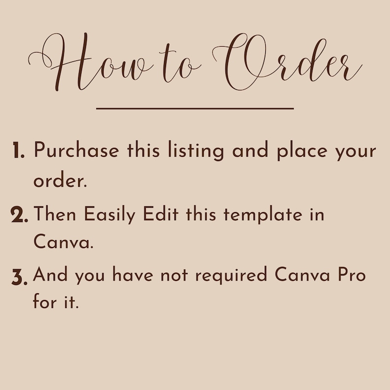 K&ouml;nnte beinhalten: Eine beige Infografik mit dunkelbraunem Text unter der &Uuml;berschrift How to Order. Sie listet drei Schritte auf: 1. Purchase this listing and place your order. 2. Then Easily Edit this template in Canva. 3. And you have not required Canva Pro for it.