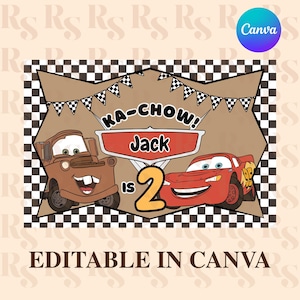 Op de afbeelding: Een verjaardagsafbeelding met de Cars-personages Mater en Lightning McQueen. Het ontwerp bevat de tekst "KA-CHOW! Jack is 2" met een geblokte vlaggenrand en wimpels. Bewerkbaar in Canva.