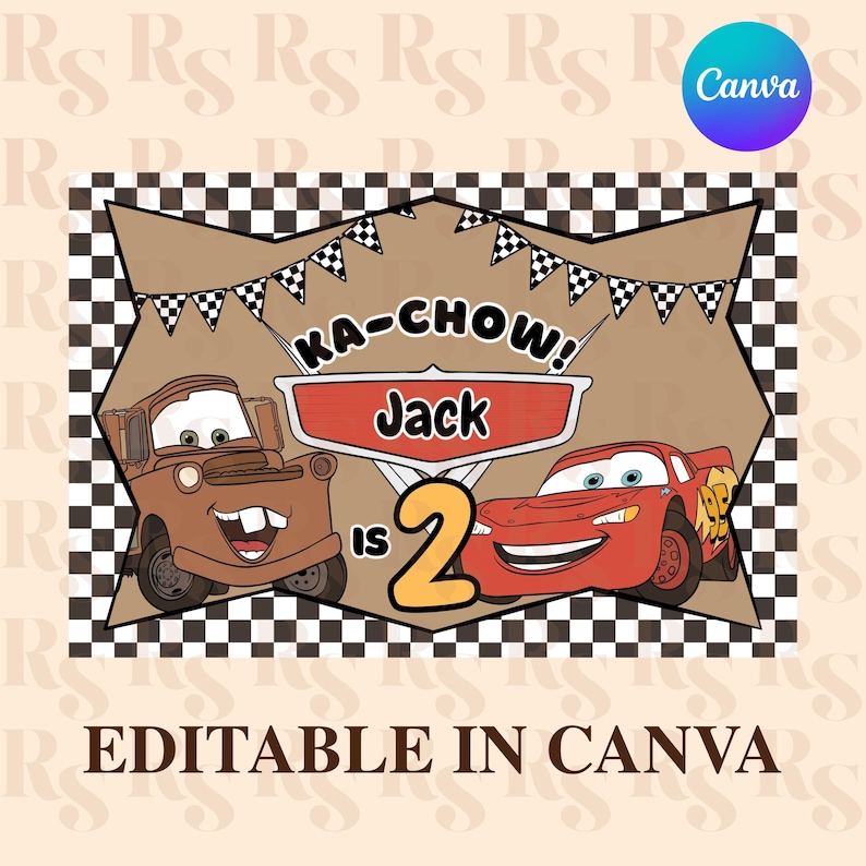 May include: A rectangular birthday sign featuring a black and white checkered border, a brown center, and a string of checkered pennants. It displays the text KA-CHOW! Jack is 2, with illustrations of a brown tow truck and a red race car.