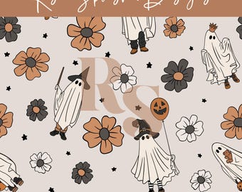 Niedliches Geistergesicht-nahtloses Wiederholungsmuster, Halloween-gruselige nahtlose, Retro-Fledermäuse-nahtlose Blumendatei, kommerzielle Nutzung