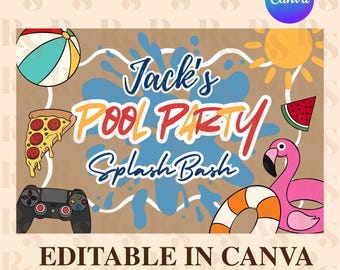 Splish Splash Pool Party Summer Banner Template, Editable Canva Banner, 36 x 60 Diy Painted Sign, Summer Birthday theme, Digital Download