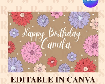 Flower Birthday Banner Template, Digital Download, Editable Canva Banner, 36x24 DIY Painted Banner, Cute Spring Birthday Theme