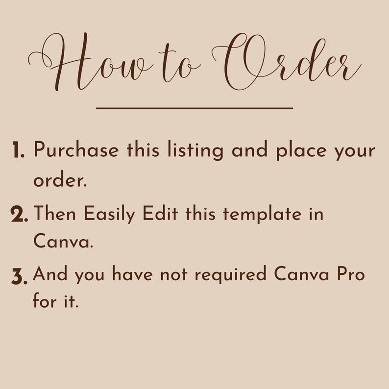 May include: A beige instructional graphic with dark brown text titled How to Order. It lists three steps: 1. Purchase this listing and place your order. 2. Then Easily Edit this template in Canva. 3. And you have not required Canva Pro for it.