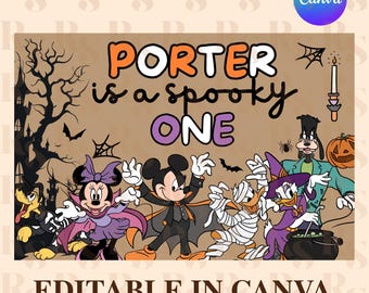 Halloween Mouse and Friends Birthday Banner Template, Editable Canva Template, Digital Download