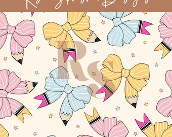 Coquette pencil bow seamless repeat pattern, Teacher, Kids, school pattern, commercial use