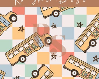 Retro school bus seamless repeat pattern, hand drawn, checkered, kids, school, boys pattern commercial use