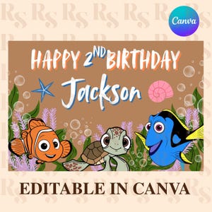 May include: A rectangular birthday sign featuring the text HAPPY 2ND BIRTHDAY Jackson, decorated with illustrations of an orange clownfish, a green sea turtle, a blue tang fish, a blue starfish, a pink seashell, bubbles, and purple seaweed.