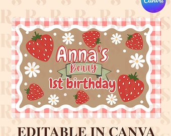 Berry First Birthday Banner Template Mockup, Birthday Party Event Decor, First Birthday Theme, Editable Canva Digital Download