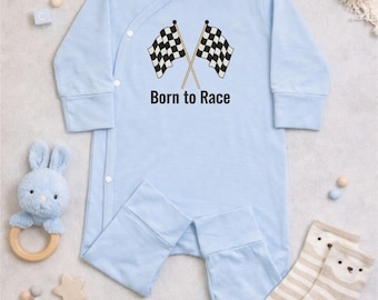Geboren, um Baby Bodysuit, gestickte Rennflaggen Neugeborenen Geschenk, Auto Thema Säugling Outfit, Baby-Dusche-Geschenk