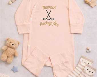 Personalized Newest Hockey Fan Baby Bodysuit, Custom Embroidered Name Sports Outfit, Newborn Athlete Gift, Baby Shower Gift