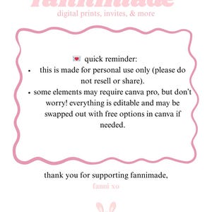 Puede incluir: Anuncio de impresi&oacute;n digital para "fannimade" con una ilustraci&oacute;n de conejito rosa. El texto incluye "digital prints, invites, & more" y un recordatorio de solo uso personal. El dise&ntilde;o est&aacute; enmarcado por un borde ondulado rosa.