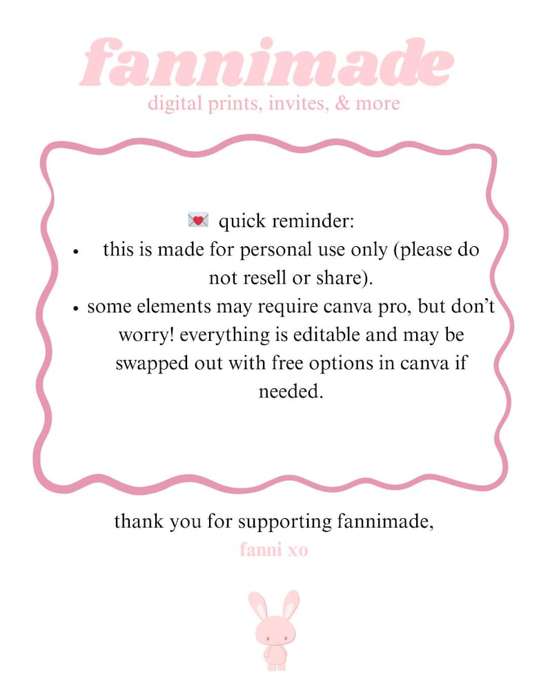 Puede incluir: Anuncio de impresi&oacute;n digital para "fannimade" con una ilustraci&oacute;n de conejito rosa. El texto incluye "digital prints, invites, & more" y un recordatorio de solo uso personal. El dise&ntilde;o est&aacute; enmarcado por un borde ondulado rosa.