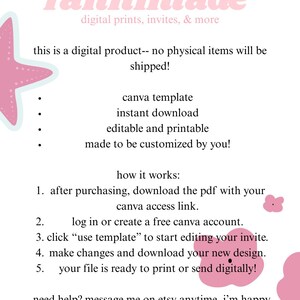 Puede incluir: Anuncio de producto digital con el texto "fannimade" en escritura rosa. La imagen detalla una plantilla de Canva para impresiones e invitaciones digitales, con instrucciones sobre c&oacute;mo descargar y personalizar el dise&ntilde;o. Se incluyen gr&aacute;ficos de estrellas de mar y flores rosas.