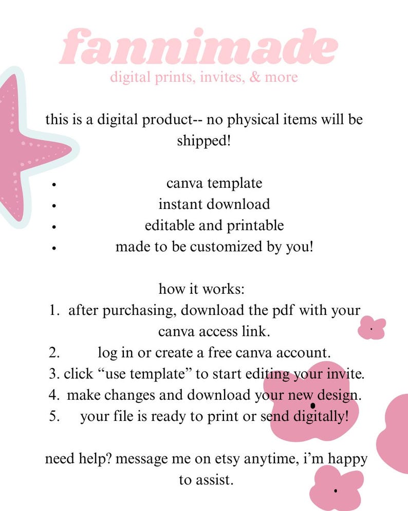 Puede incluir: Anuncio de producto digital con el texto "fannimade" en escritura rosa. La imagen detalla una plantilla de Canva para impresiones e invitaciones digitales, con instrucciones sobre c&oacute;mo descargar y personalizar el dise&ntilde;o. Se incluyen gr&aacute;ficos de estrellas de mar y flores rosas.