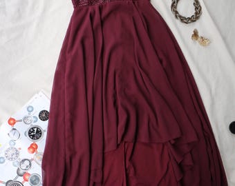 Vintage Burgundy Beaded Evening Gown Art Deco Sequin Halter Maxi Dress 1970s