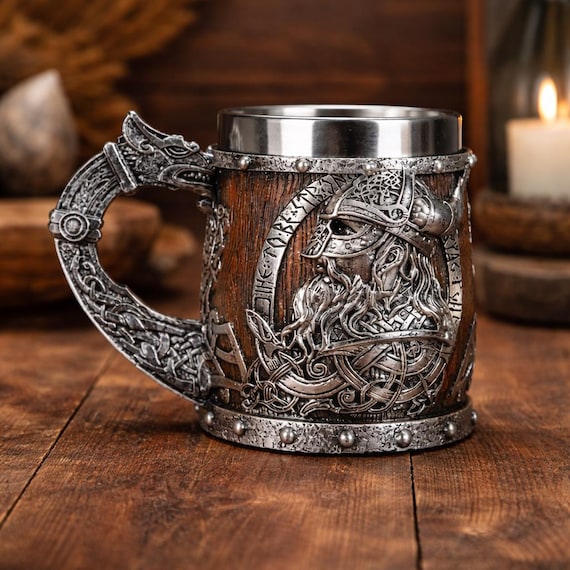Valhalla Viking Tankard Cups Stainless Steel Dragon Boat Beer Mug with Warrior Skull, Nordic Mythology Cup 400ml