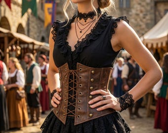 Gorset damski steampunk underbust z imitacji skóry, średniowieczny gotycki kostium pirata, brązowy vintage