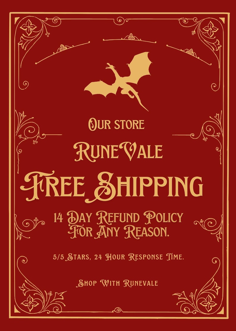 Pu&ograve; includere: Una pubblicit&agrave; rossa e oro con il testo "OUR STORE RUNE VALE FREE SHIPPING" e un'illustrazione di un drago. Il testo include anche "14 DAY REFUND POLICY FOR ANY REASON" e "SHOP WITH RUNEVALE."