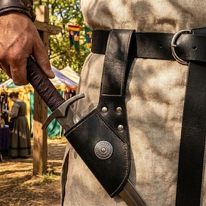 May include: A black leather sheath holding a metal dagger with a dark wrapped handle, attached to a wide black leather belt worn over a beige linen tunic. The sheath features silver-toned metal rivets and a circular decorative metal emblem.