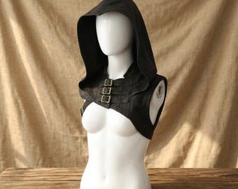 Medieval Hooded Leather Shawl Cape Viking Warrior Huntress Assassin Armor Cosplay Costume for Women Men Carnival LARP Fantasy Outfit